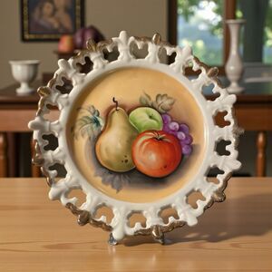 Sterling China Reticulated Plate 8” Handpainted Fruit Vintage Japan